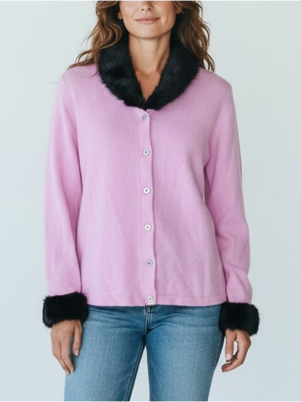 Nordstrom Encore Mink Fur Trim Cashmere Cardigan Sweater Womens Large Pink